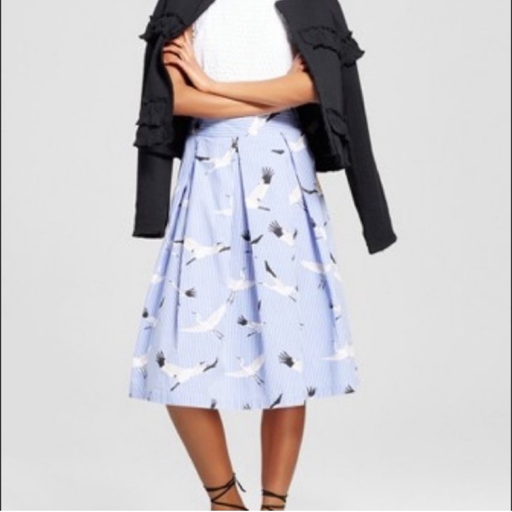 Who What Wear Blue and White Striped Midi Skirt with Bird Print